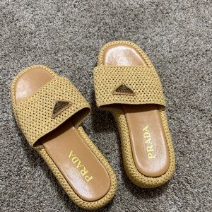 Prada Beige Woven Slide Sandals